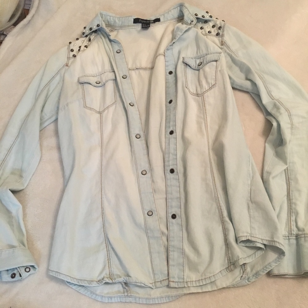 Beaded chambray top